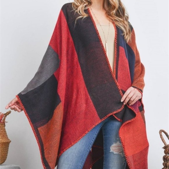 OPEN FRONT GEOMETRIC RECTANGLE PRINT WRAP KIMONO SHAWL - Picture 2 of 5